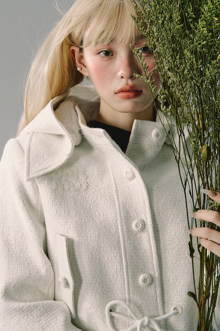 nu248 "Capture Chamomile" white tweed detachable hood jacket