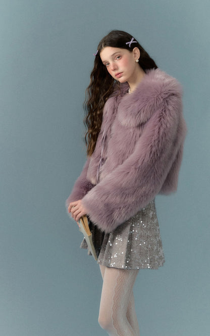 nu285 Cream purple leather bow fur coat