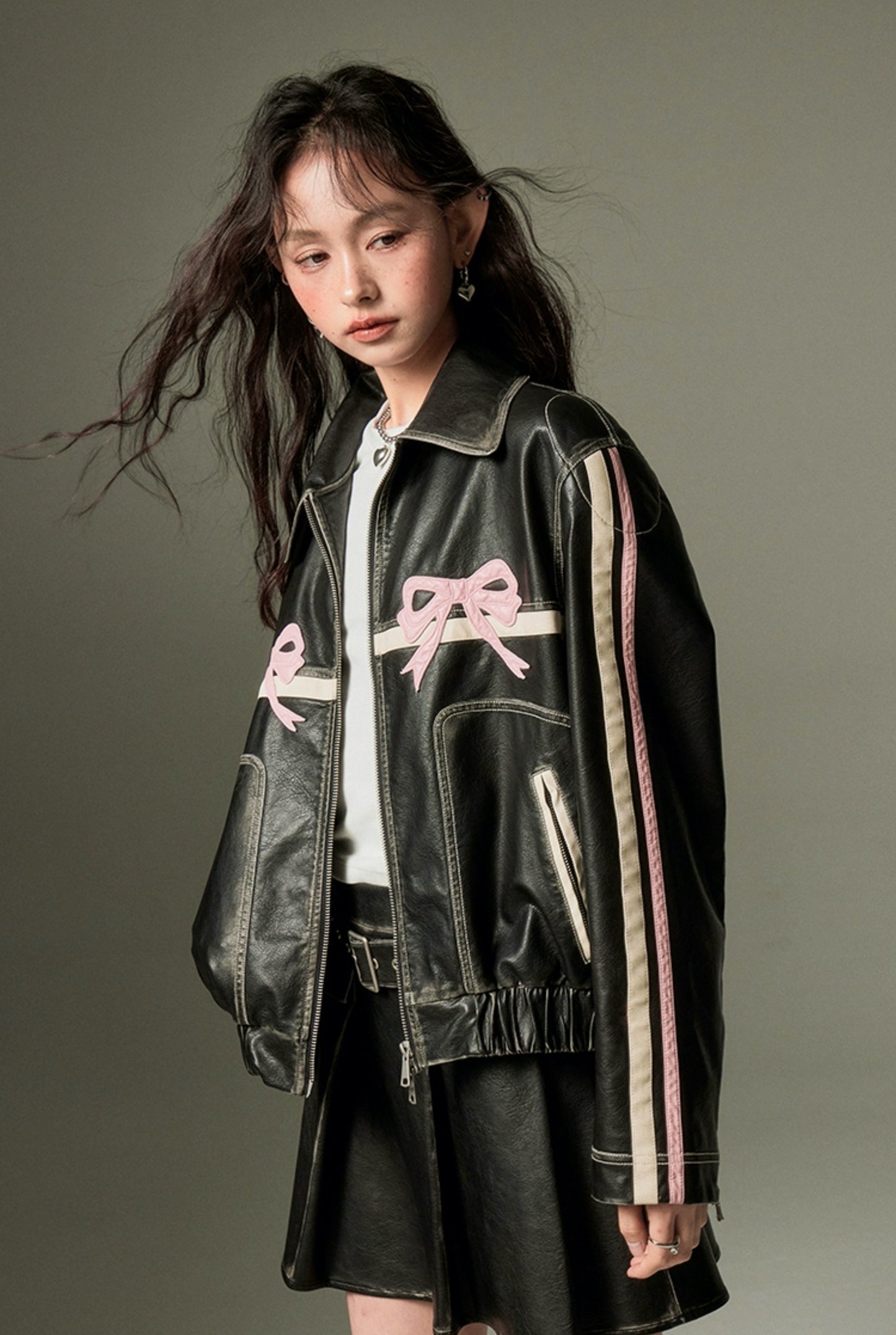 nu76 Bowknot Retro Leather Jacket