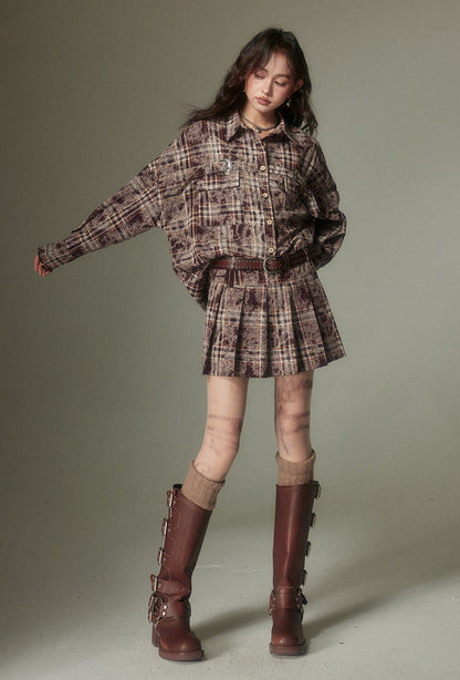 nu107 Maillard contrasting plaid shirt / Pleated skirt