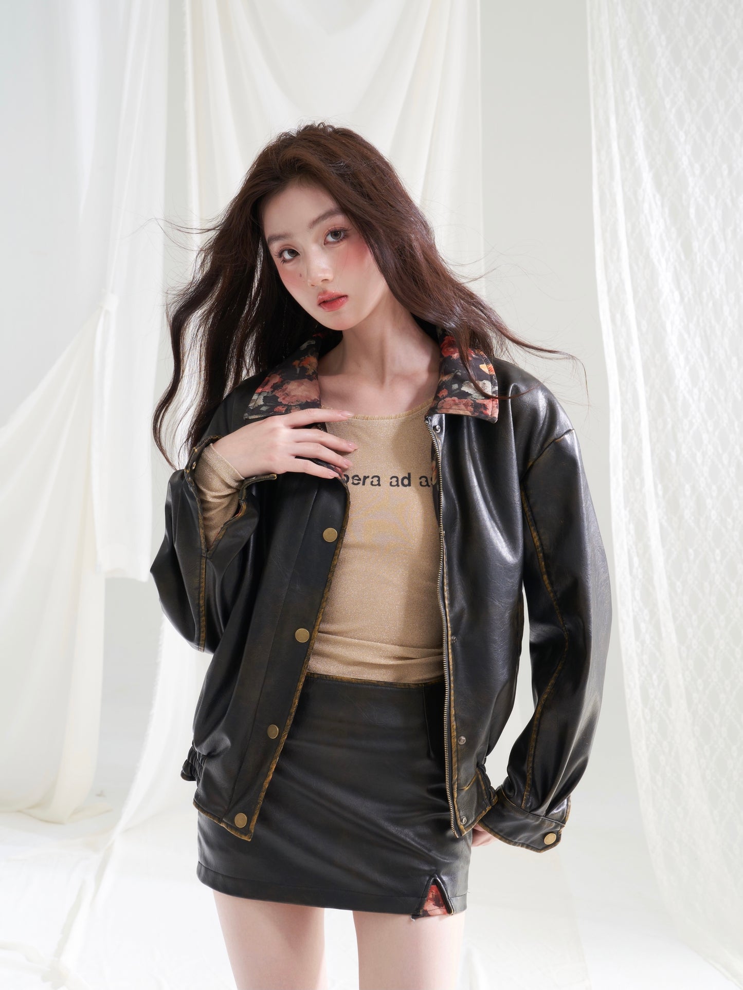 nu306 Reversible floral leather jacket / skirt