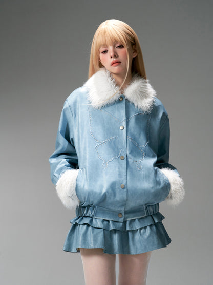 nu312 Retro Blue Butterfly Permed Fur Leather Jacket / Skirt