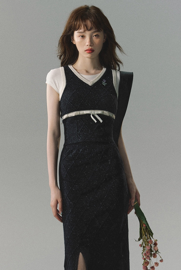 nu193 "Pine Echo" preppy embroidered vest + skirt