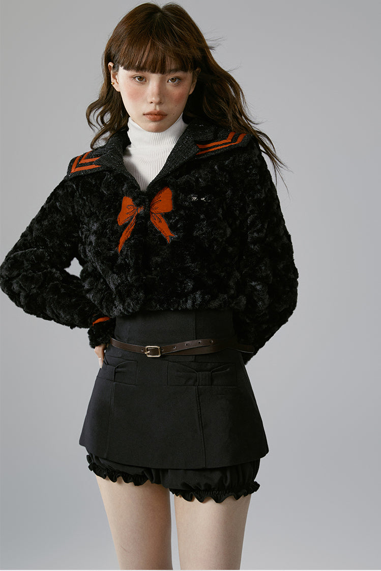 nu338 Black spliced ​​fur lapel short jacket