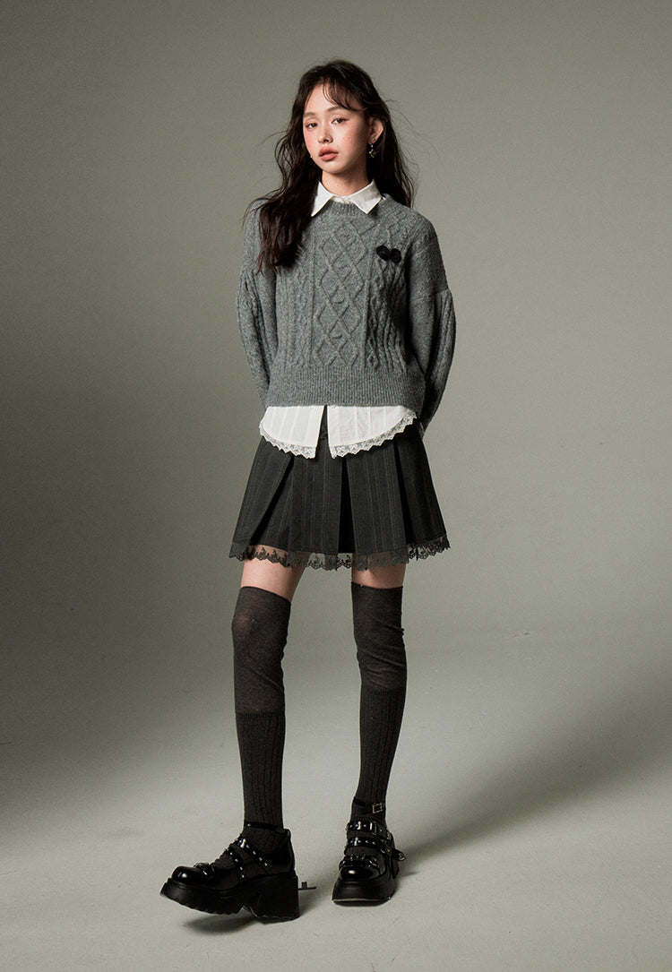 nu105 College style lace long-sleeved shirt