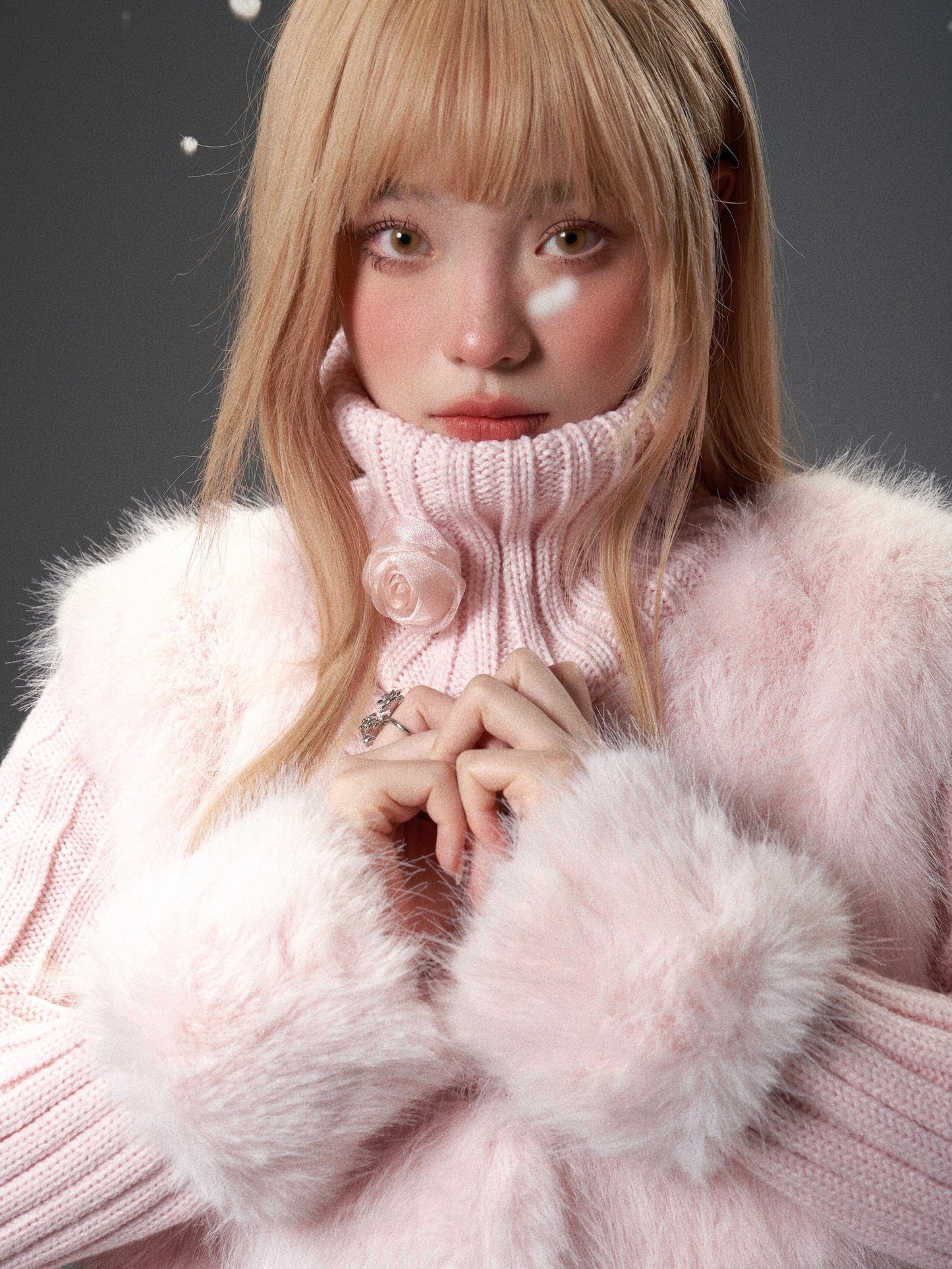 nu297 Pink knitted turtleneck detachable scarf fur vest jacket