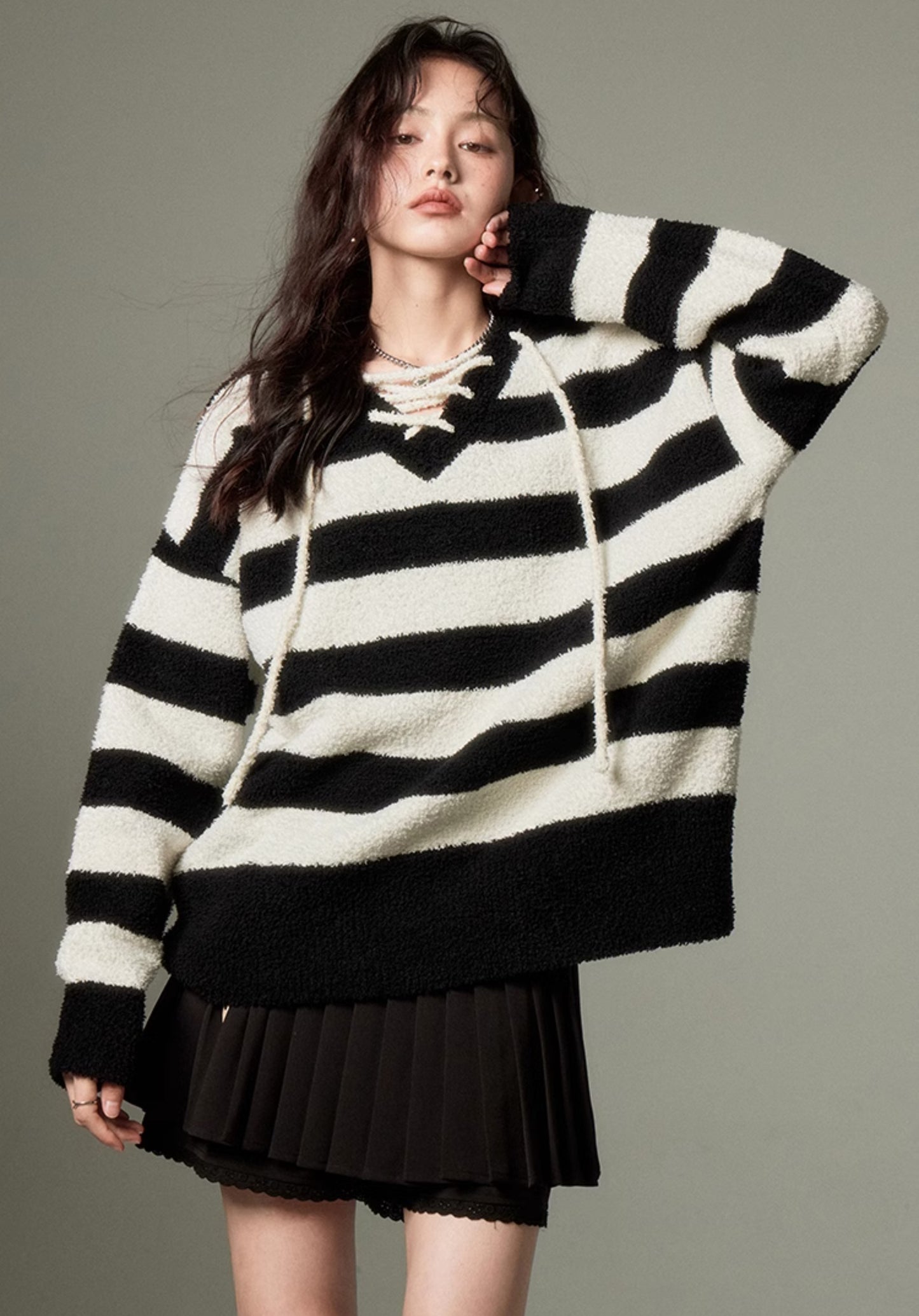 nu142 Striped strap knitted pullover