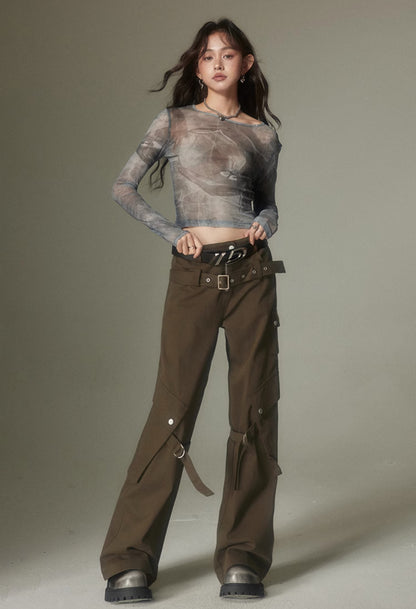 nu125 Double belt wide leg trousers