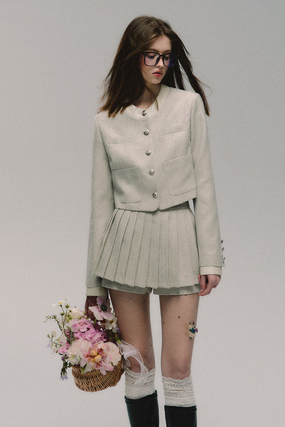 nu315 "Magnolia" classic round neck spring short jacket / pleated skirt