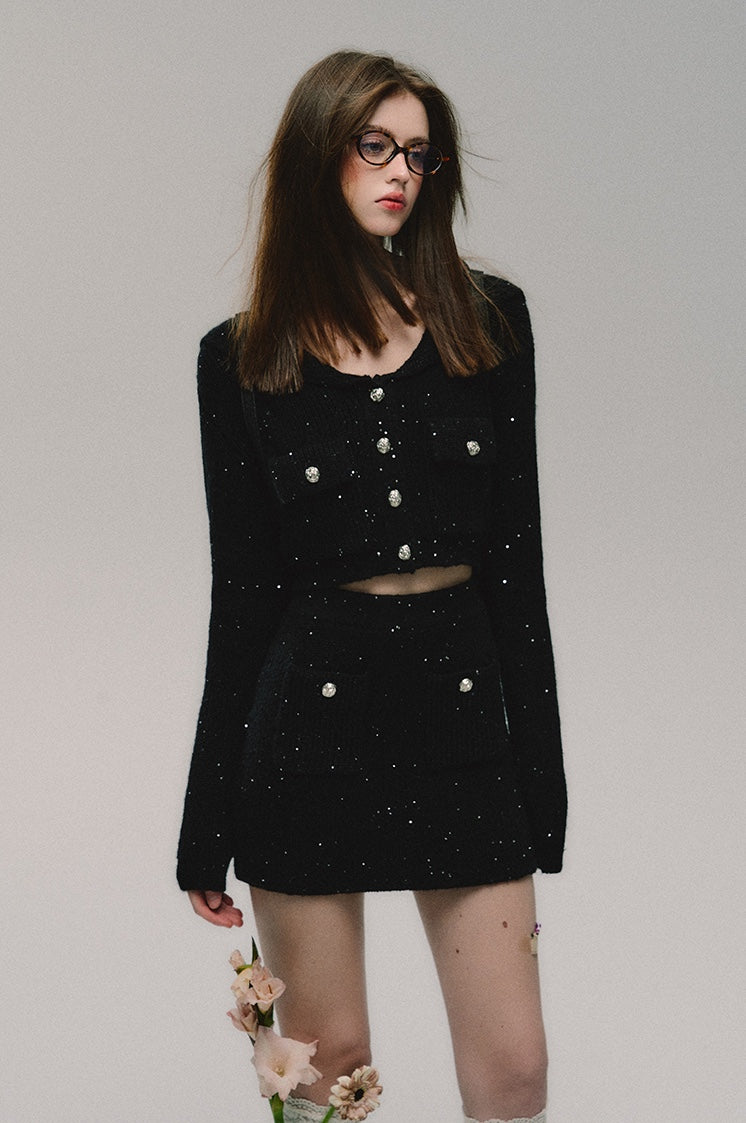 nu265 "Paris Night" Black Sequined Mohair Knitted Cardigan and Short Skirt