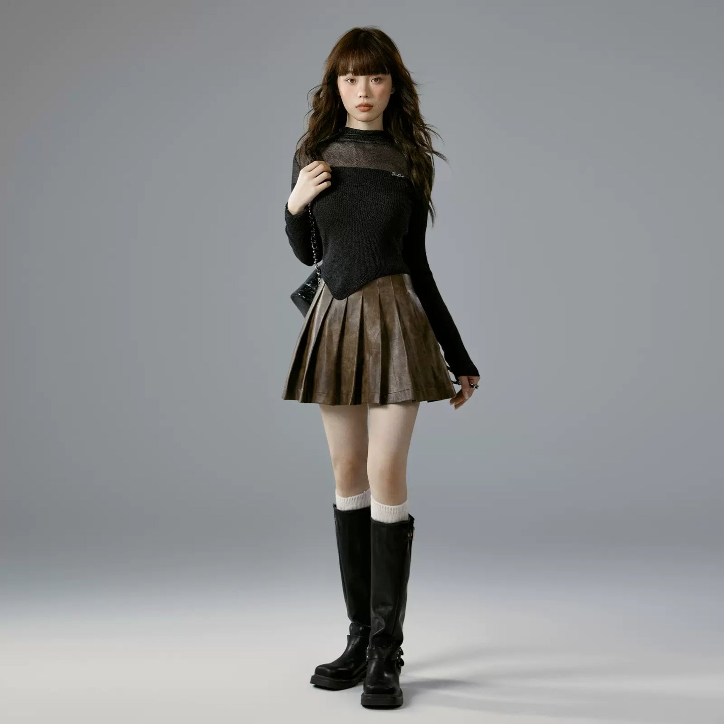 nu342 High waist coffee color PU pleated short skirt