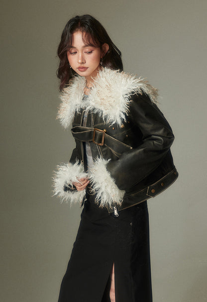 nu83 Fur Lapel Black Leather Jacket