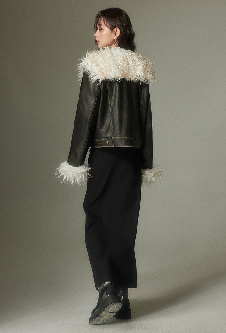 nu83 Fur Lapel Black Leather Jacket