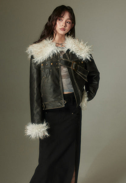 nu83 Fur Lapel Black Leather Jacket