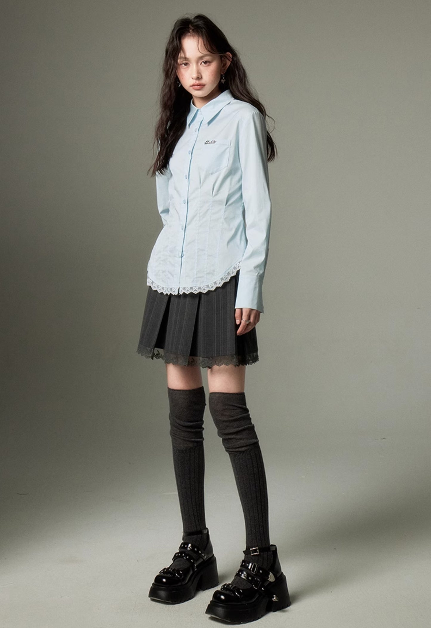 nu105 College style lace long-sleeved shirt