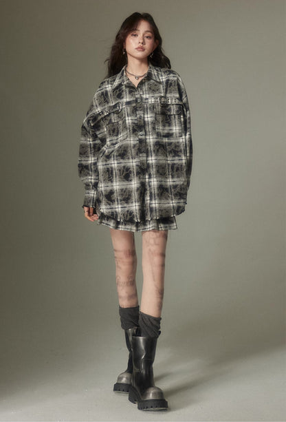 nu107 Maillard contrasting plaid shirt / Pleated skirt