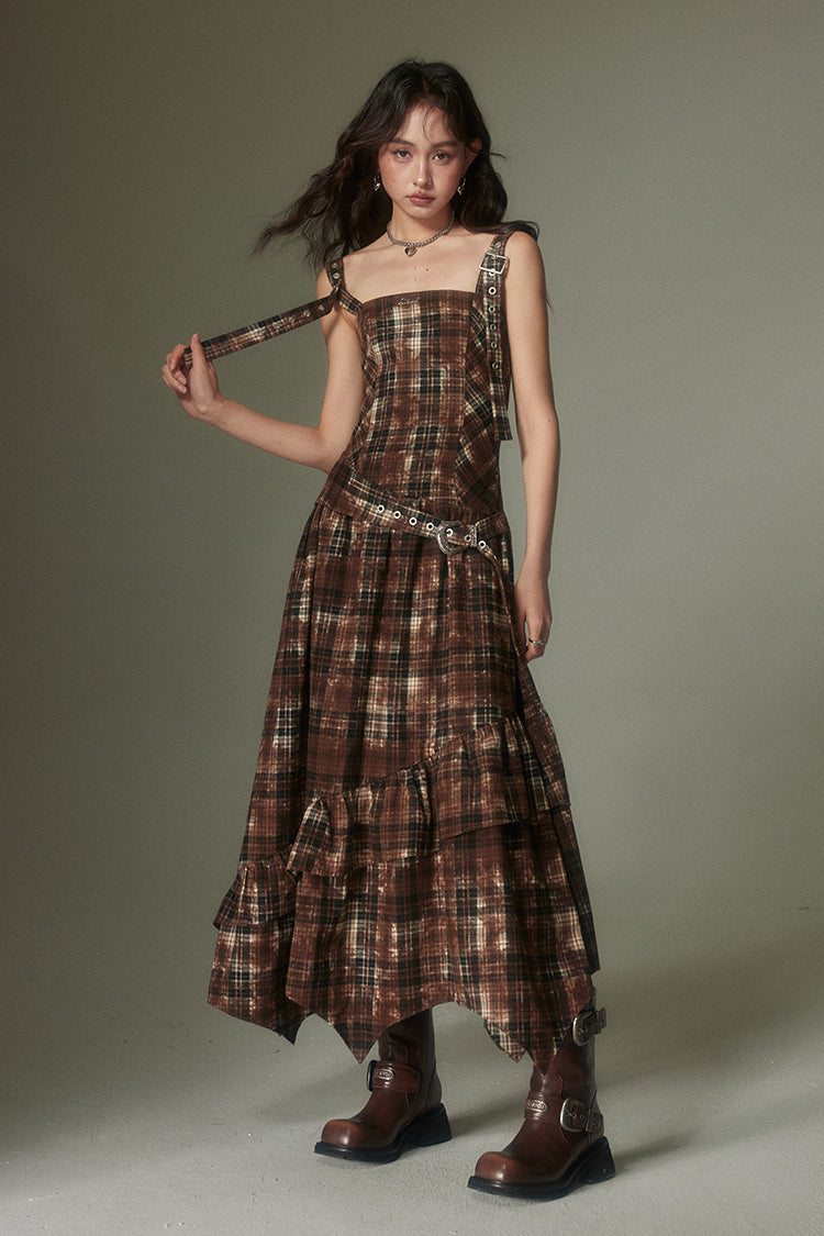 nu123 Maillard retro adjustable plaid dress