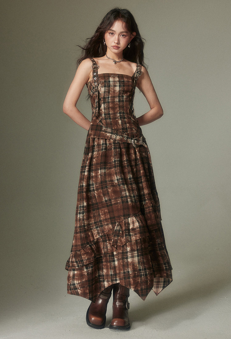 nu123 Maillard retro adjustable plaid dress