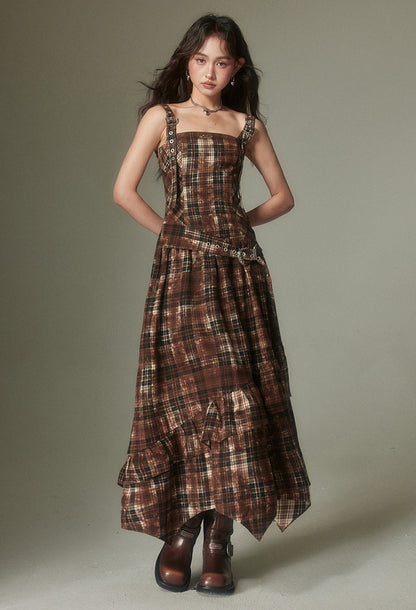 nu123 Maillard retro adjustable plaid dress