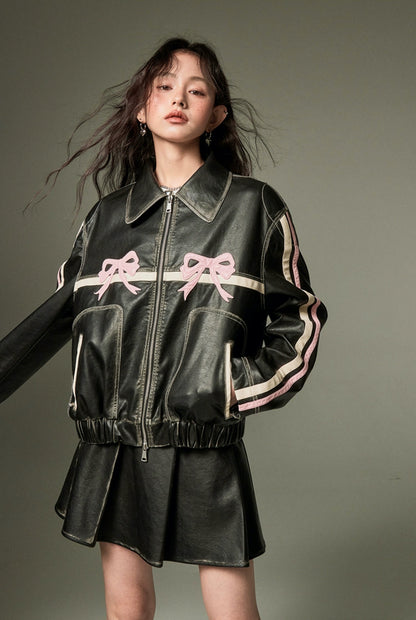 nu76 Bowknot Retro Leather Jacket