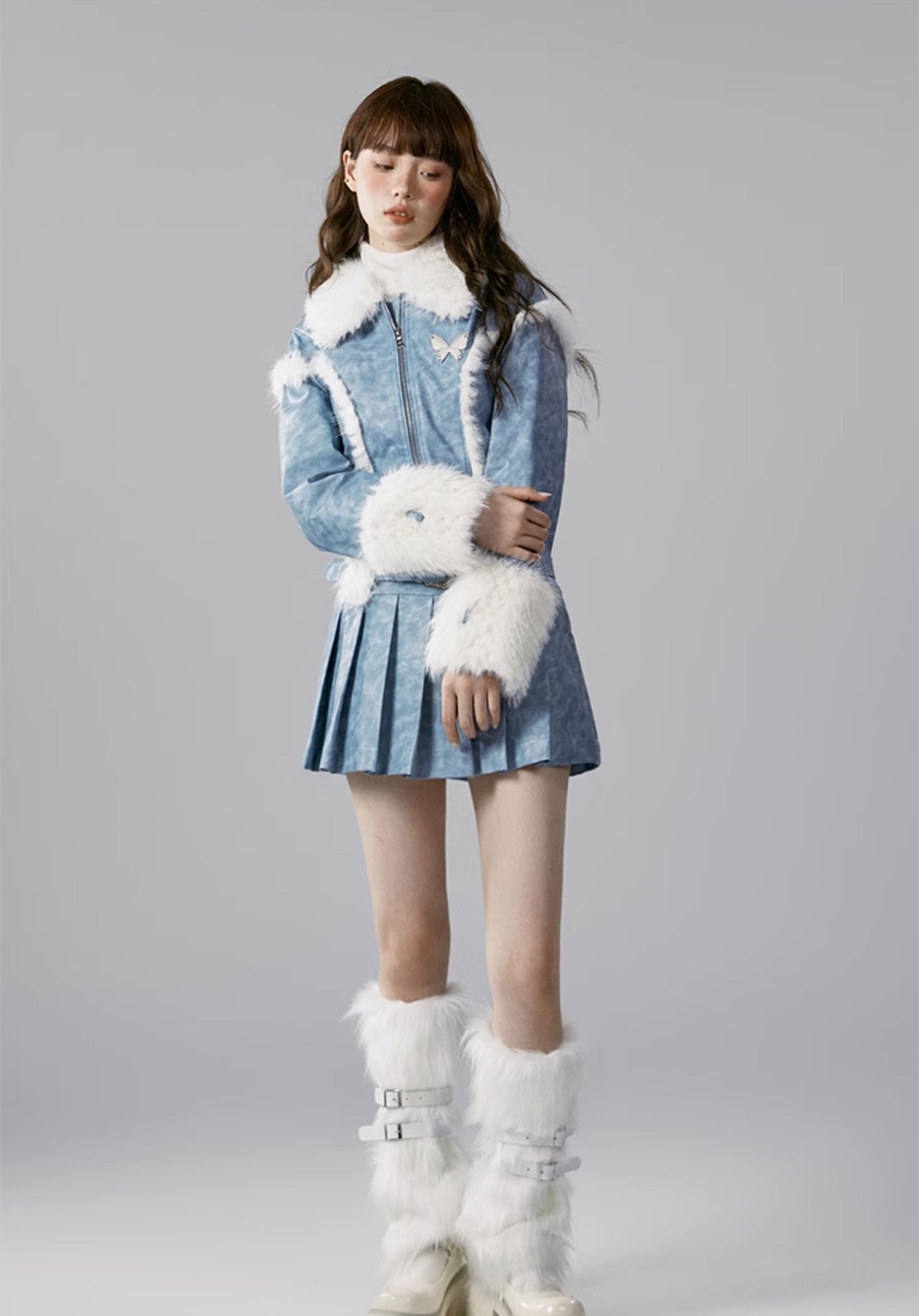 nu339 New style retro blue short coat + skirt two-piece set