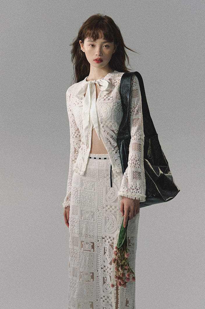 nu364 Heavy lace top + long skirt two-piece set