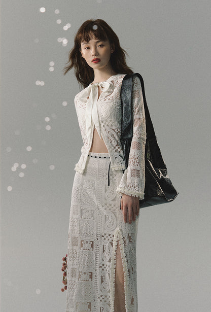 nu364 Heavy lace top + long skirt two-piece set