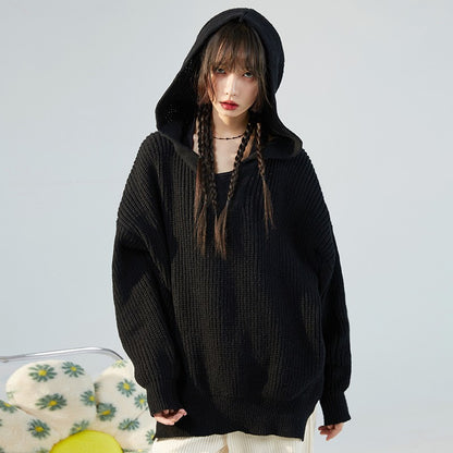 nu55 Slit Design Hooded Knit Sweater