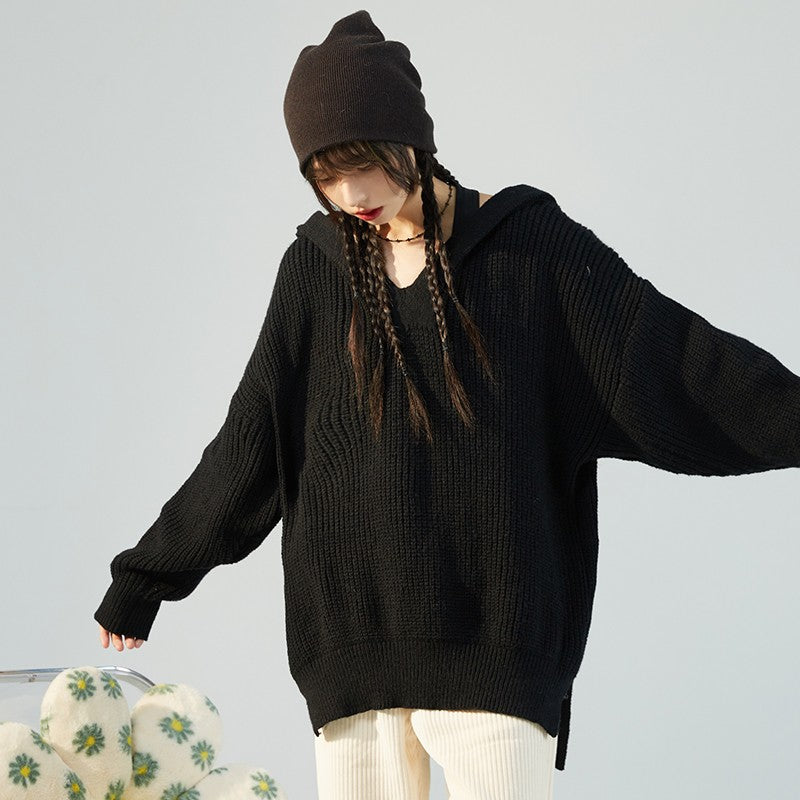 nu55 Slit Design Hooded Knit Sweater