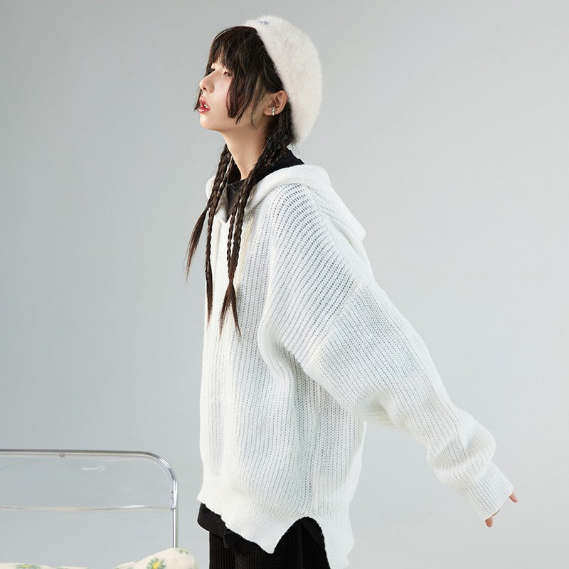 nu55 Slit Design Hooded Knit Sweater