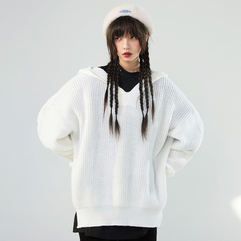 nu55 Slit Design Hooded Knit Sweater