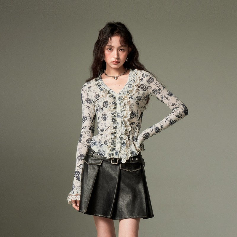 nu116 Floral lace long-sleeved shirt