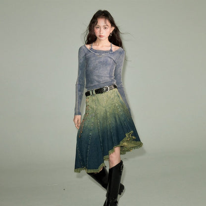 nu117 Gradient irregular hem denim skirt