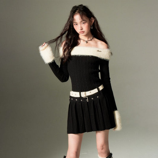 nu118 One-shoulder lapel sweater + double belt skirt