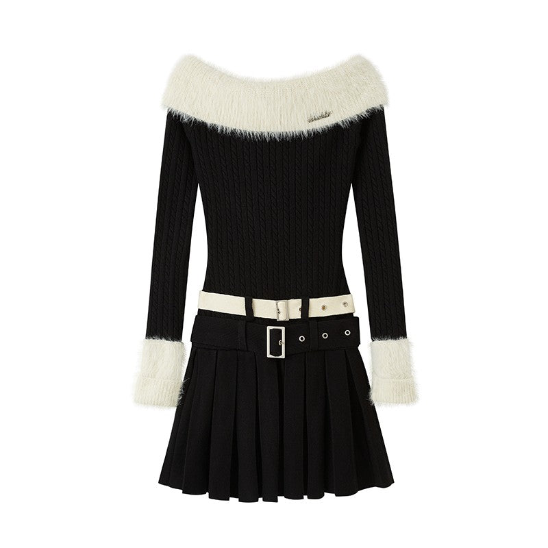 nu118 One-shoulder lapel sweater + double belt skirt