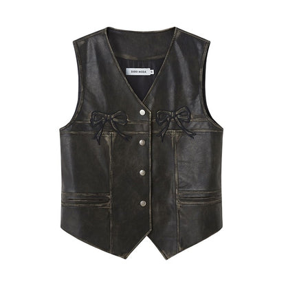 nu121 Bowknot retro polished leather vest