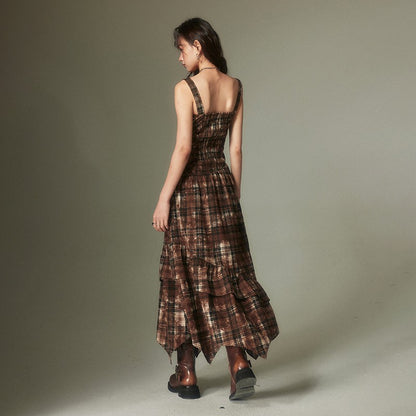 nu123 Maillard retro adjustable plaid dress