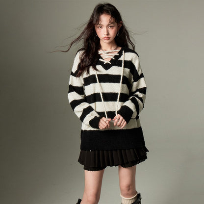 nu142 Striped strap knitted pullover