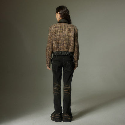 nu144 Brown plaid splicing leather jacket