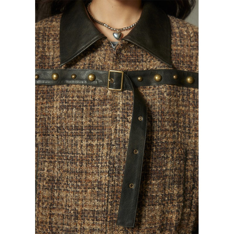 nu144 Brown plaid splicing leather jacket