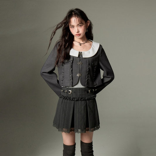 nu154 Round lapel pocket lace short jacket