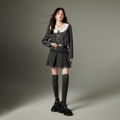 nu154 Round lapel pocket lace short jacket