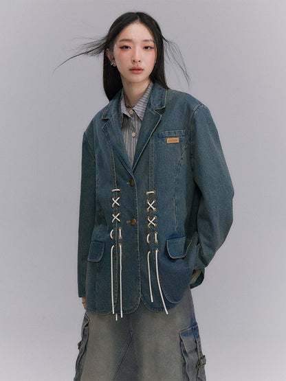 nu155 Black and denim strap design jacket