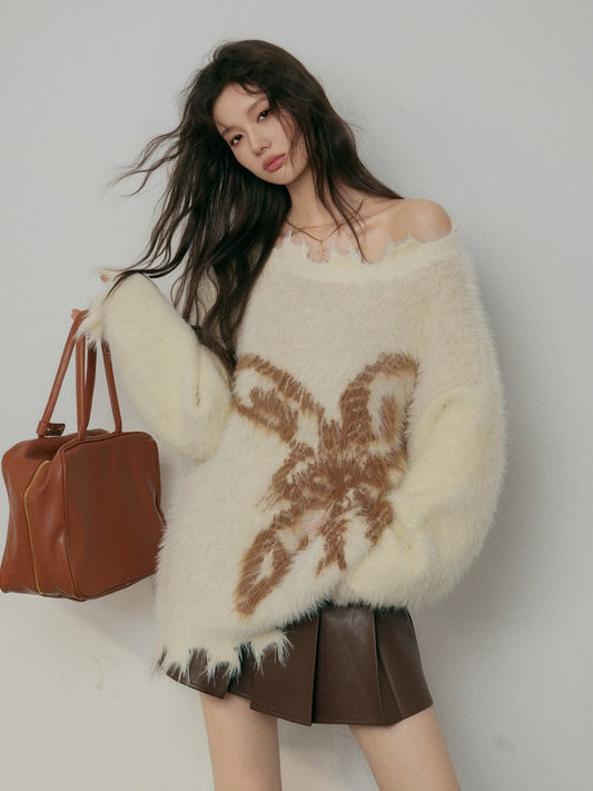 nu158 Off-shoulder torn edge rabbit sweater