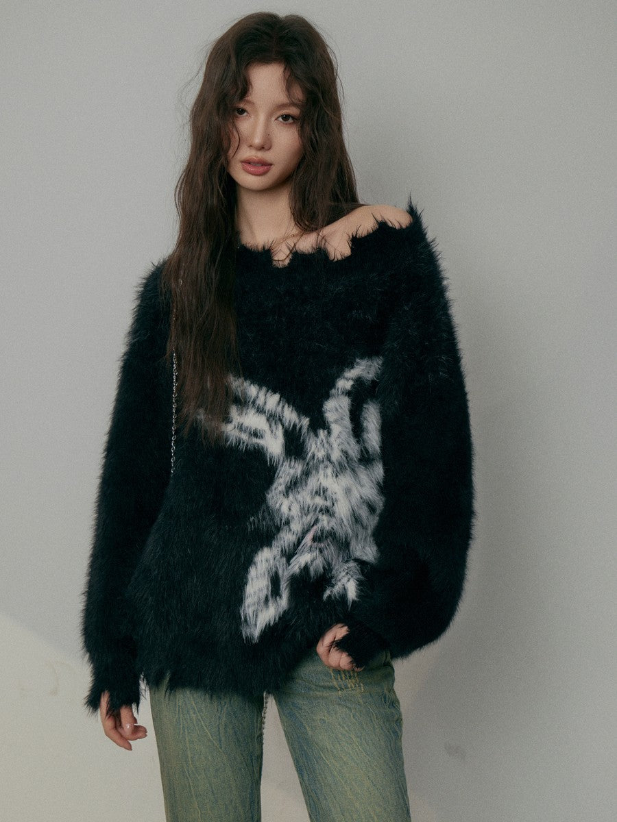 nu158 Off-shoulder torn edge rabbit sweater