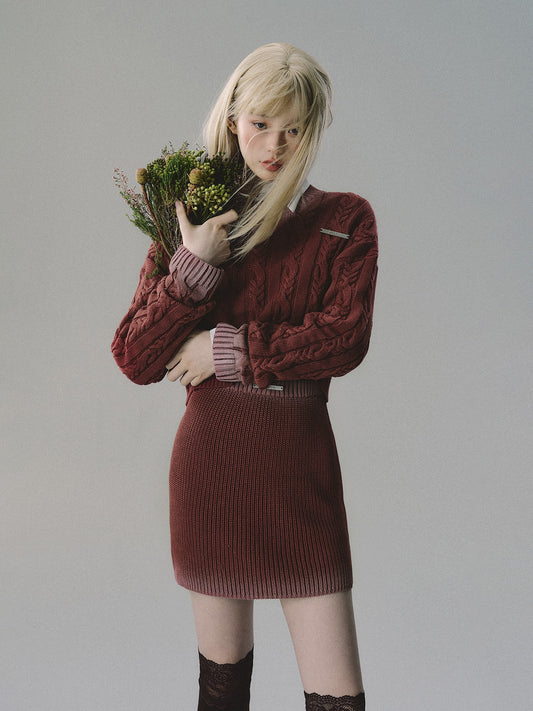 nu178 "The Color of Pomegranate" gradient thick sweater + long and short skirt