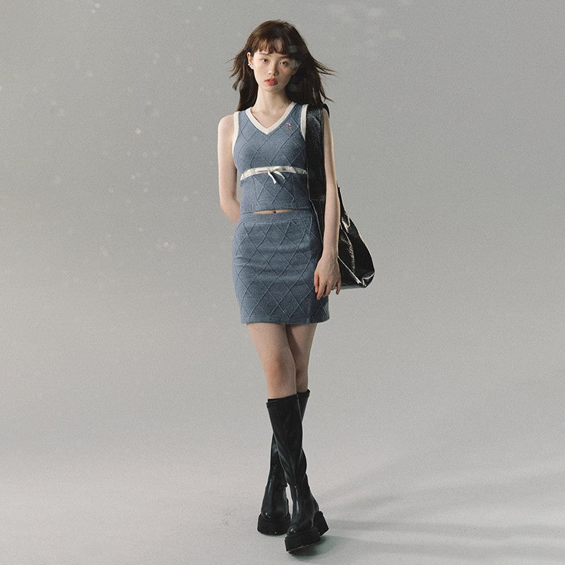 nu193 "Pine Echo" preppy embroidered vest + skirt