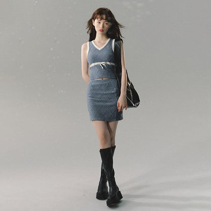 nu193 "Pine Echo" preppy embroidered vest + skirt