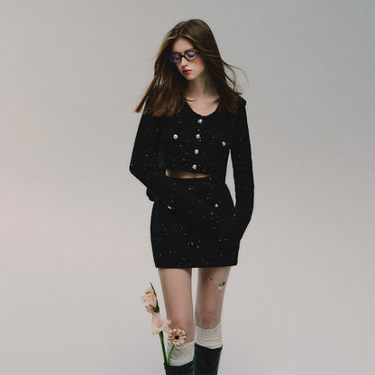 nu265 "Paris Night" Black Sequined Mohair Knitted Cardigan and Short Skirt