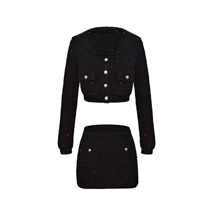 nu265 "Paris Night" Black Sequined Mohair Knitted Cardigan and Short Skirt